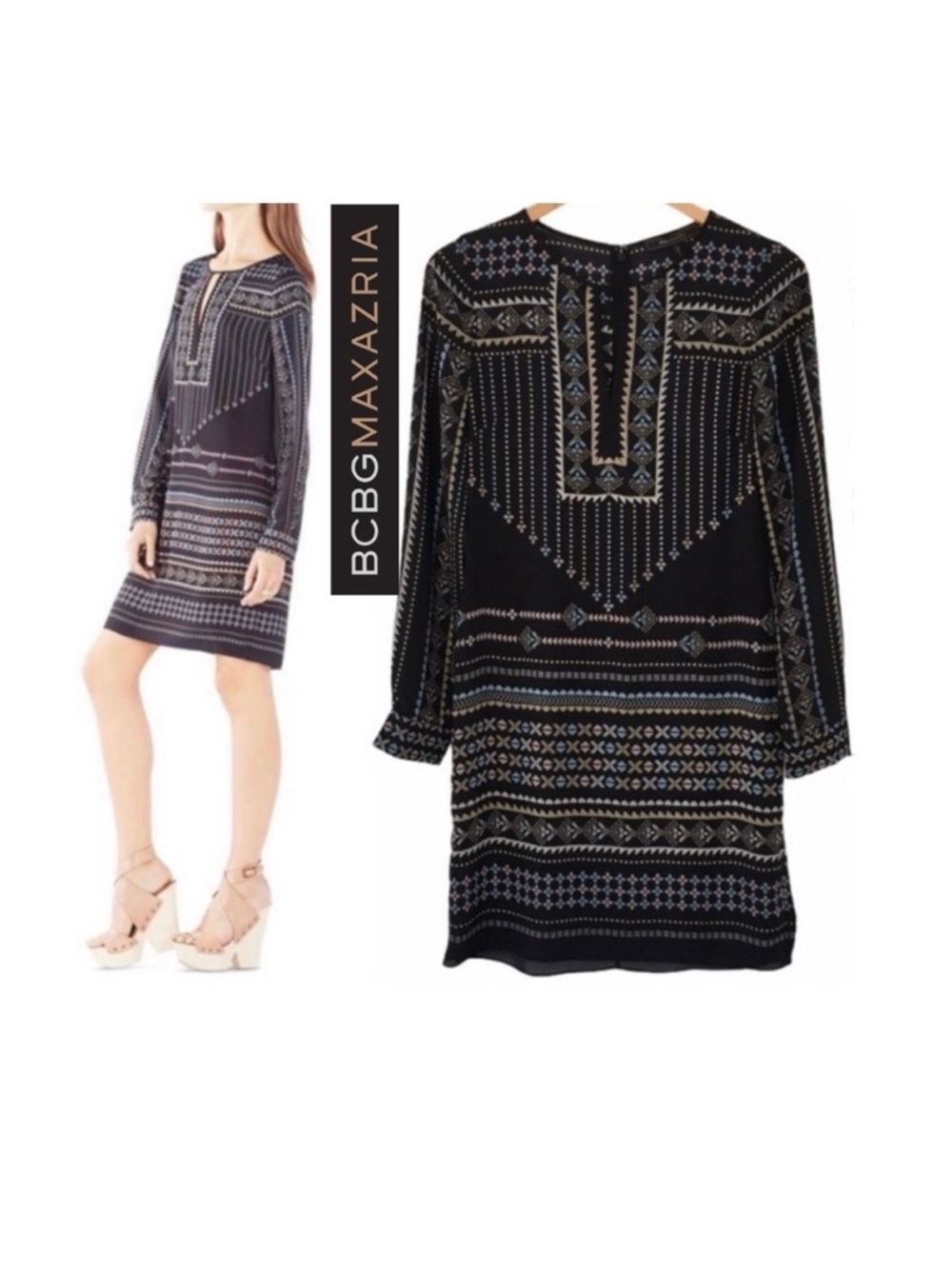 BCBG MaxAzria Freya Dress Shift Column Tunic Boho Geometric Career NWT | XS